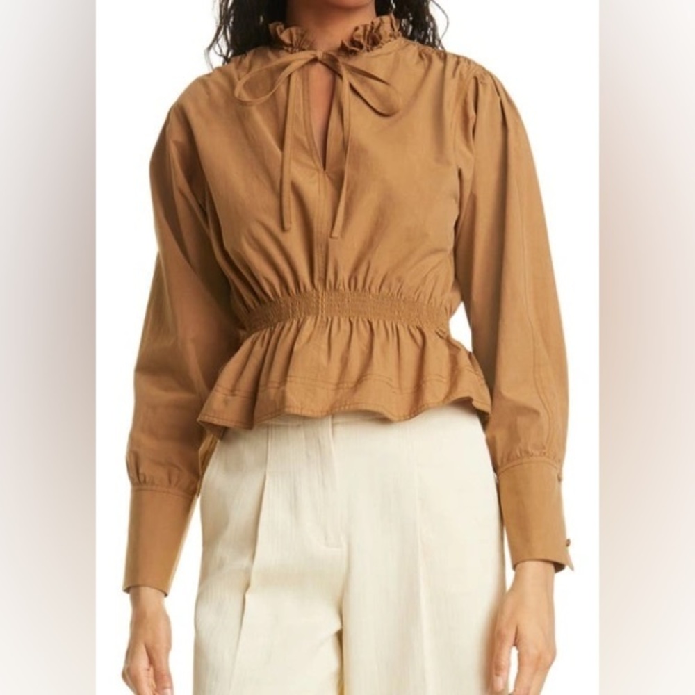 Rebecca Taylor‎ Cotton Poplin Popover Blouse In Chocolate Brown